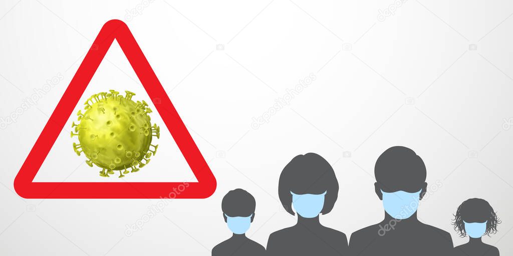 Coronavirus warning illustration. Caution sign - virus in red triangle and black silhouettes of people in light blue medical masks