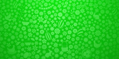 Küçük çiçekler ve yumurtalar, pasta, tavşan, tavuk ve diğer yeşil renkli Paskalya sembollerinin arka planı