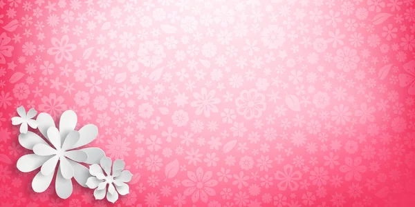 Pozadí Květinovou Texturou Růžových Barvách Několik Velkých Bílých Papírových Květin — Stockový vektor