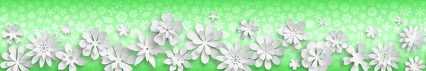 Banner with floral texture in green colors and big white paper flowers with soft shadows. With seamless horizontal repetition