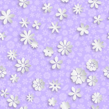 Mor renkli çiçek desenli kusursuz desen ve yumuşak gölgeli büyük beyaz kağıt çiçekler.