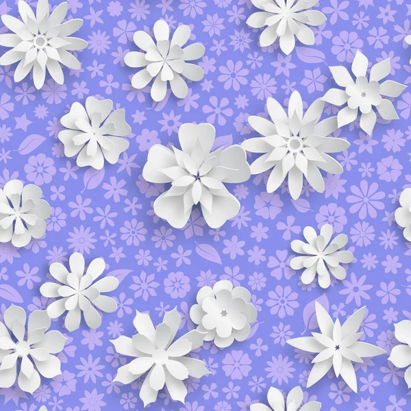 有紫色花纹的无缝图案和有柔和阴影的大白纸花 — 图库矢量图片