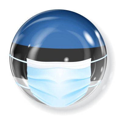 Estonya 'da parlak bir küre, Coronavirus' tan korunmak için tıbbi maske takmış bayrak renkleri.