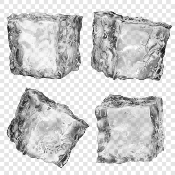 Набор Четырех Реалистичных Полупрозрачных Кубиков Льда Серого Цвета Изолированных Прозрачном — стоковый вектор