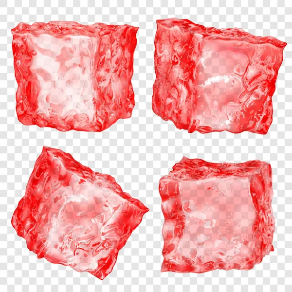 Set Four Realistic Translucent Ice Cubes Red Color Isolated Transparent — Stock Vector