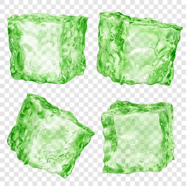 Set Four Realistic Translucent Ice Cubes Green Color Isolated Transparent — Stock Vector