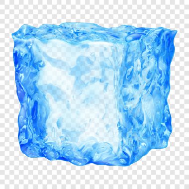 Açık mavi renkte şeffaf arkaplanda izole edilmiş gerçekçi yarı şeffaf buz küpü. Sadece vektör biçiminde şeffaflık