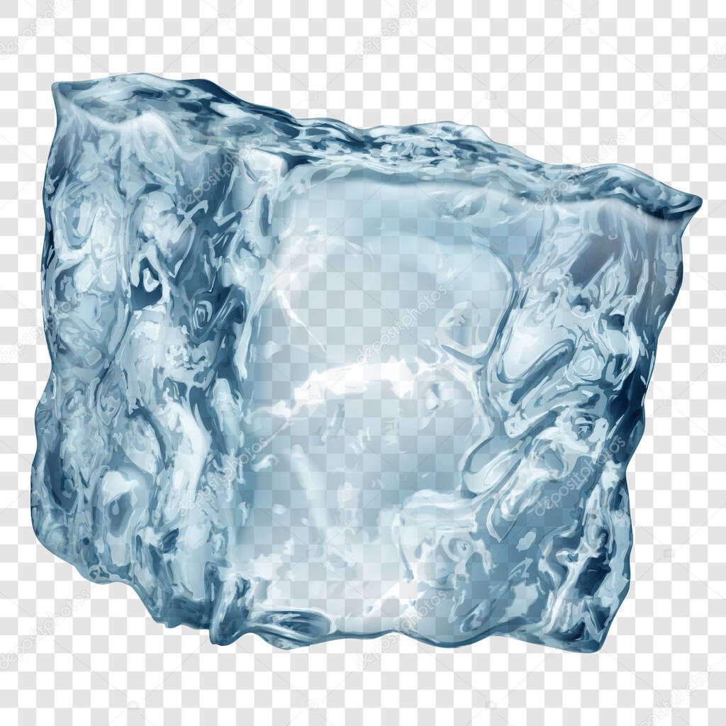 Realistic translucent ice cube in light blue color isolated on transparent background. Transparency only in vector format