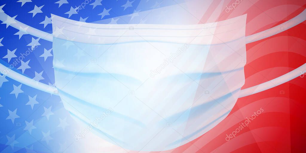 American flag with a medical disposable mask for protection of coronavirus
