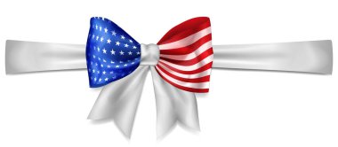 Beyaz arka planda gölgesi olan ABD bayrak renklerinden yapılmış büyük bir fiyonk.