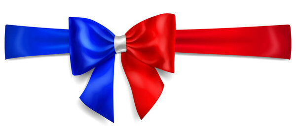 Большой бант из ленты цвета флага Франции с тенью на белом фоне
