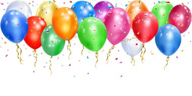 Beyaz arka planda renkli balonlar, kurdeleler ve parlak yılan parçaları.