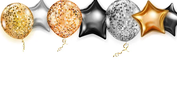 Illustration Avec Des Ballons Brillants Aux Couleurs Dorées Noires Argentées — Image vectorielle