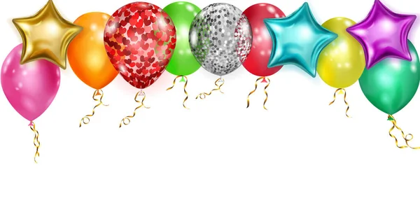 Illustration Mit Bunten Glänzenden Luftballons Rund Und Sternenform Mit Bändern — Stockvektor