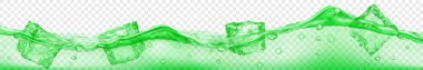 Şeffaf buz küpleri ve şeffaf arkaplanda suyun içinde yüzen hava kabarcıkları olan yatay bir pankart. Yeşil renkte vektör illüstrasyonu. Sadece vektör biçiminde şeffaflık