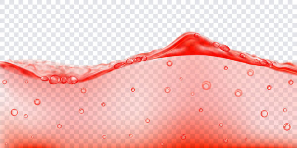 Translucent water wave in red colors with air bubbles, isolated on transparent background. Transparency only in vector file