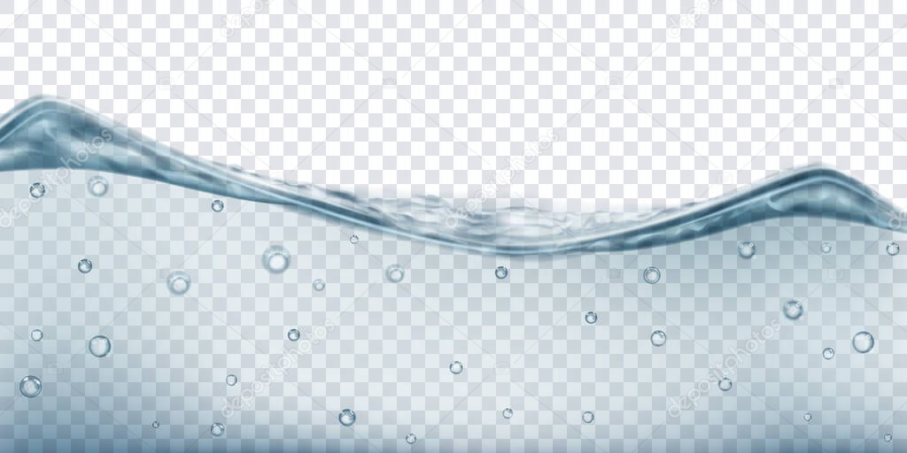Translucent water wave in gray colors with air bubbles, isolated on transparent background. Transparency only in vector file