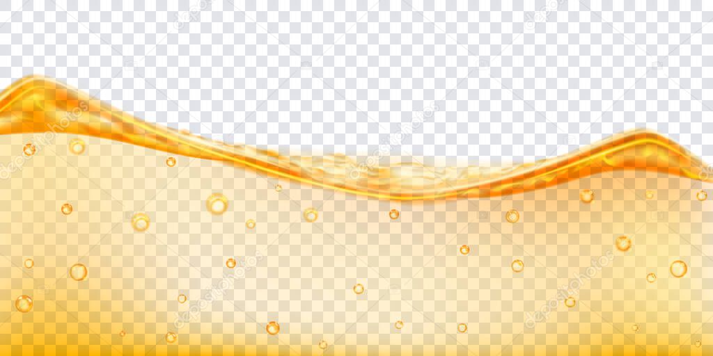 Translucent water wave in yellow colors with air bubbles, isolated on transparent background. Transparency only in vector file