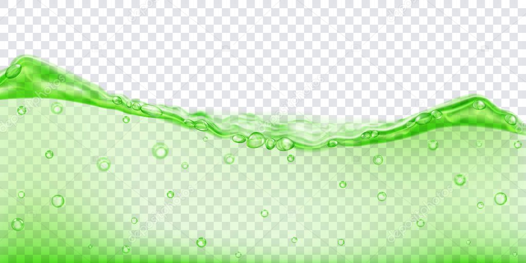 Translucent water wave in green colors with air bubbles, isolated on transparent background. Transparency only in vector file