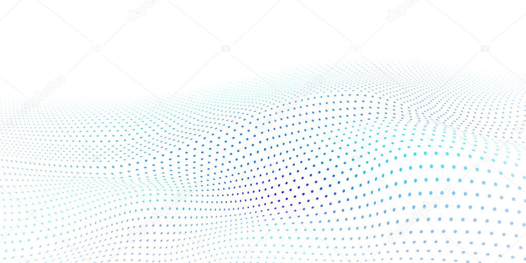 Abstract halftone background with wavy surface made of light blue dots on white