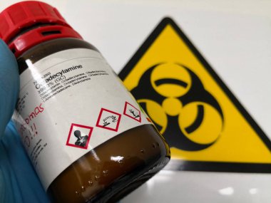 Toxic, corrosive and dangerous chemical substance with an alarm and alert symbol in the background. clipart