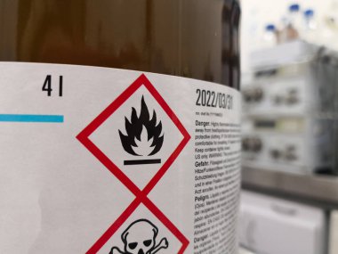 Label of a hazardous chemical in a scientific laboratory. Warning icons on flammability and toxicity. clipart