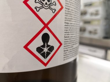 Label of a hazardous chemical in a scientific laboratory. Warning icons on toxicity and death. Occupational health and safety. clipart