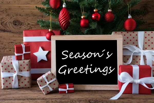 Kleurrijke kerstboom, tekst Seasons Greetings — Stockfoto