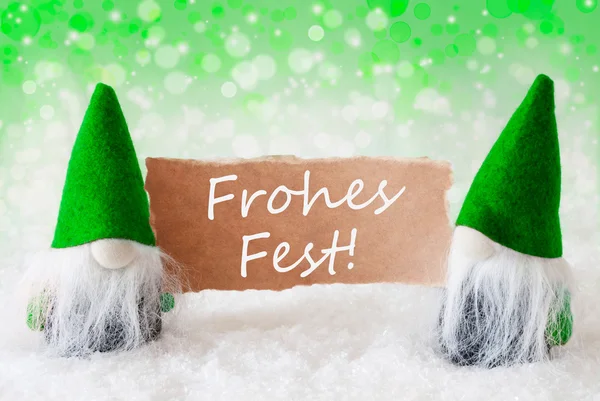Gnomos naturais verdes com cartão, Frohes Fest significa Feliz Natal — Fotografia de Stock