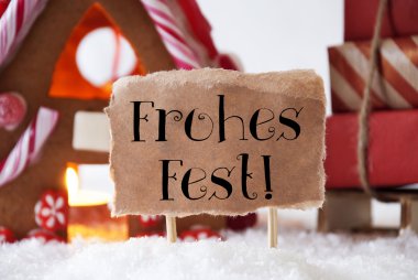 Gingerbread House kızak, Frohes Fest ile mutlu Noeller anlamına gelir.