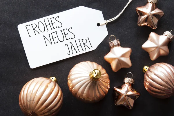Brązowy drzewo Christmas piłki, Frohes Neues oznacza szczęśliwego nowego roku — Zdjęcie stockowe