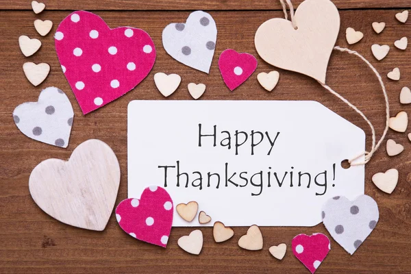 Label, Pink Hearts, Text Happy Thanksgiving — Stock Photo, Image