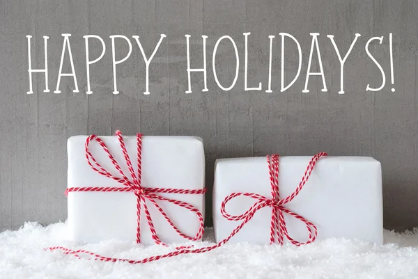 Two Gifts With Snow, Text Happy Holidays — Stock Photo, Image