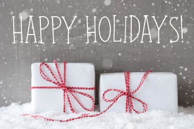Kar taneleri, metin Happy Holidays ile iki hediyeler