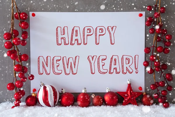 Етикетки, сніжинки, новорічні кулі, щасливого нового року текст — стокове фото