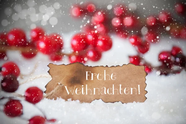 Etikett verbrannt, Schnee, Schneeflocken, frohe Weihnachten bedeutet frohe Weihnachten — Stockfoto