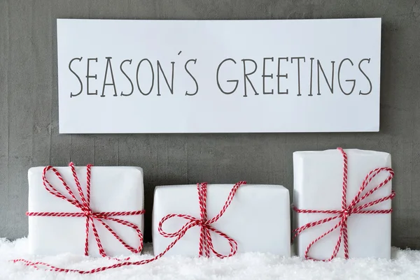 White Gift On Snow, Text Seasons Greetings — Stock fotografie