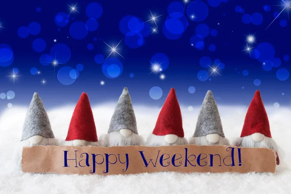 Gnomi, Sfondo blu, Bokeh, Stelle, Testo Buon weekend — Foto Stock