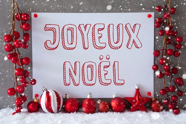 Label, sněhové vločky, kuličky, Joyeux Noel znamená Veselé Vánoce — Stock fotografie