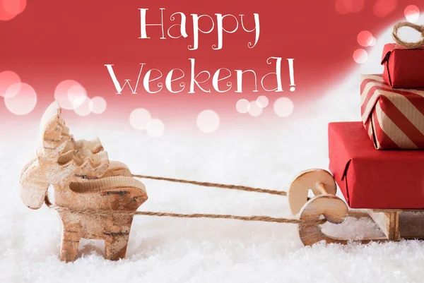 Renas com trenó, fundo vermelho, texto feliz fim de semana — Fotografia de Stock