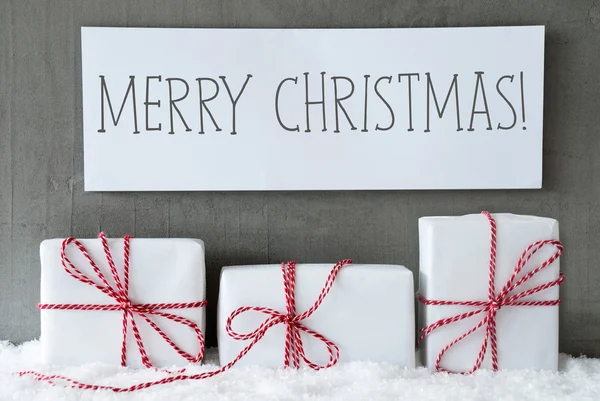 White Gift On Snow, Text Merry Christmas — Stock Photo, Image