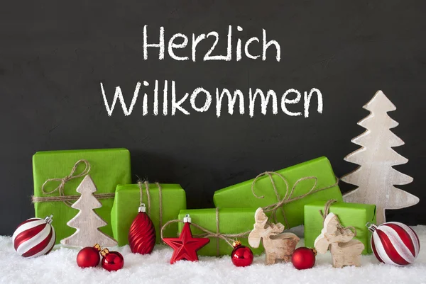 圣诞装饰，水泥，雪，Herzlich Willkommen 表示欢迎 — 图库照片
