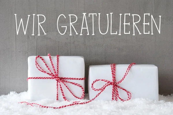 Two Gifts With Snow, Wir Gratulieren Means Congratulations — Stock Photo, Image