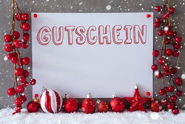 Etichetta, Fiocchi di neve, Palle di Natale, Gutschein significa voucher — Foto Stock