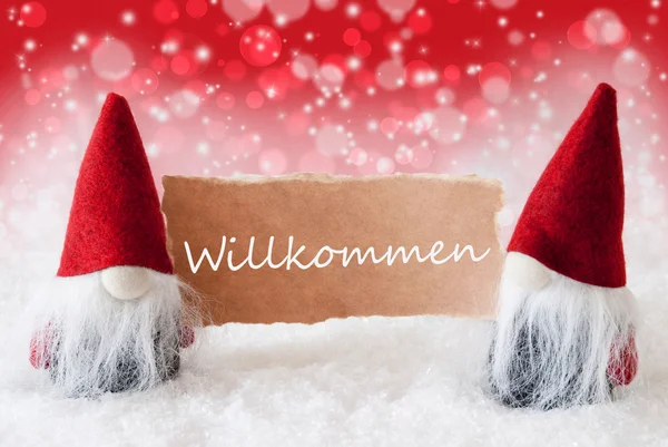 Κόκκινα Χριστουγεννιάτικα ξωτικά με κάρτα, Γουίλκομμεν σημαίνει Καλωσορίσατε — Φωτογραφία Αρχείου