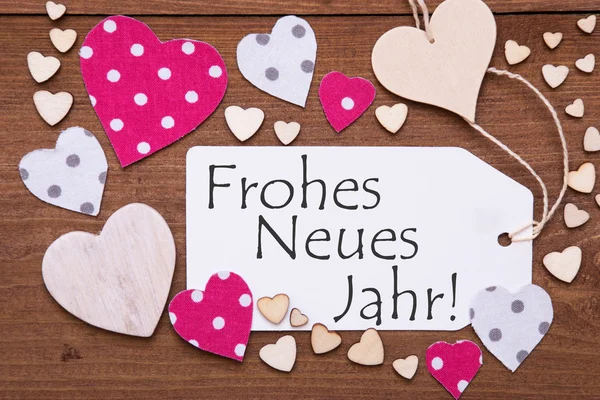 Etiqueta, Corações cor-de-rosa, Frohes Neues Jahr significa feliz ano novo — Fotografia de Stock