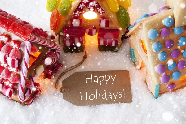 Casa de jengibre colorido, Copos de nieve, Texto Felices Fiestas — Foto de Stock