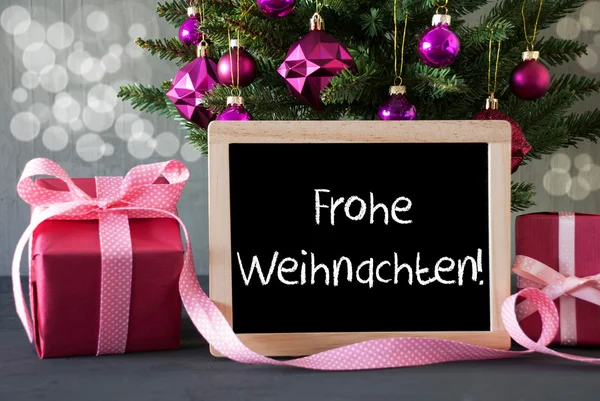 Tree With Gifts, Bokeh, Text Frohe Weihnachten Means Merry Christmas — Stock Photo, Image