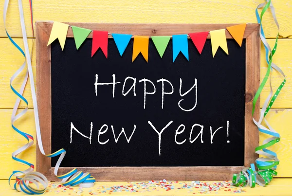 Chalkboard With Party Decoration, Text Happy New Year — Stock Photo, Image