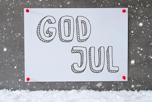 Etykieta na ścianie cementowej, płatki śniegu, Bóg Jul oznacza Wesołych Świąt — Zdjęcie stockowe